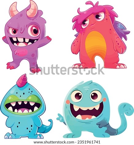 EPS vector file showcasing four adorable, vibrant little monsters. Each creature radiates charm, exuding cheerful and comical expressions. Far from frightening, they're irresistibly cute and jovial.