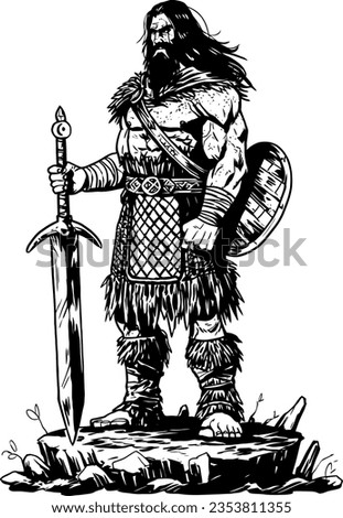 OSR-Inspired Barbarian Lineart: Dive into retro RPG aesthetics with this ink-detailed warrior, wielding sword and shield. Vectorial illustration, perfect for tabletop guides or online adventures.