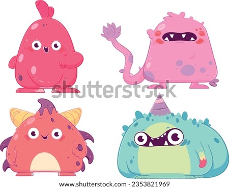 EPS vector file showcasing four adorable, vibrant little monsters. Each creature radiates charm, exuding cheerful and comical expressions. Far from frightening, they're irresistibly cute and jovial.