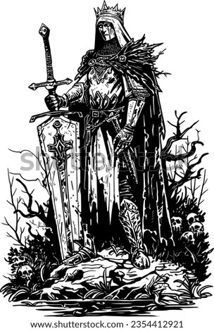 OSR-Inspired Undead King Lineart: Dive into retro RPG aesthetics with this ink-detailed Knight, wielding a giant sword. Vectorial illustration, perfect for tabletop guides or online adventures.
