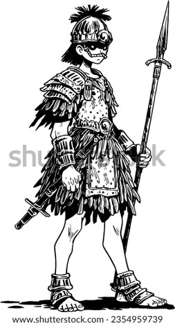 OSR-Inspired tribal warrior Lineart: Dive into retro RPG aesthetics with this ink-detailed hero, wielding a spear. Vectorial illustration, perfect for tabletop guides or online adventures.