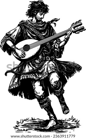 OSR-Inspired Bard Lineart: Dive into retro RPG aesthetics with this ink-detailed musician hero, dancing and playing the lute. Vectorial illustration, perfect for tabletop guides or online adventures.