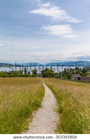 Beautiful view of Zurich lake and the alps on the hill of the peninsula Au, located in the lake Zurich at the municipality Au between Wadenswil and Horgen in the Canton of Zurich, Switzerland.