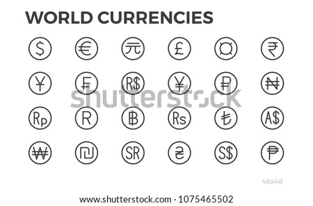 Currency Icons. Dollar, Euro, Yuan and other symbols. Editable stroke. 48x48. 
