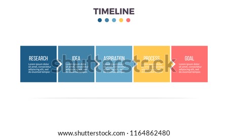 Business process. Timeline infographics with 5 steps, options, squares. Vector template.