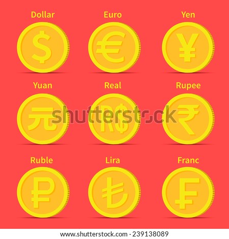 World currency icons: dollar, euro, yen, yuan, brazilian real, indian rupee, russian ruble, turkish lira, swiss franc - stock vector