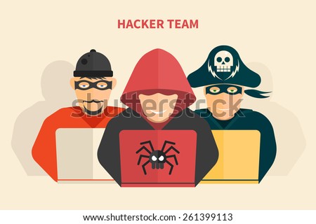 Hacker team – hacker, pirate, scammer – isolated flat vector illustration.
