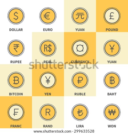 Thin line currency icons: dollar, euro, yen, yuan, brazilian real, indian rupee, russian ruble, turkish lira, swiss franc, british pound, bitcoin, currency, thai baht, korean won, south african rand.