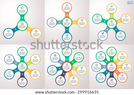 Infographics step by step with a radial structure. Abstract element of chart, graph, diagram with 3, 4, 5, 6, 7, 8 steps, options, parts, processes. Vector template for presentation and training.