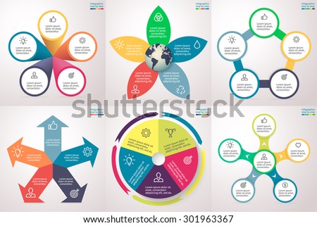 Infographics step by step in various forms. Set of charts, graphs, diagrams with 5 options, parts, processes, directions. Vector template for presentation and training.