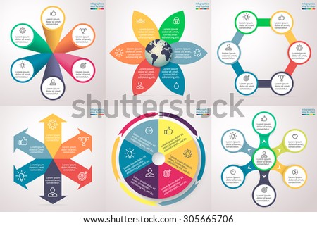 Infographics step by step in various forms. Set of charts, graphs, diagrams with 6 options, parts, processes, directions. Vector template for presentation and training.