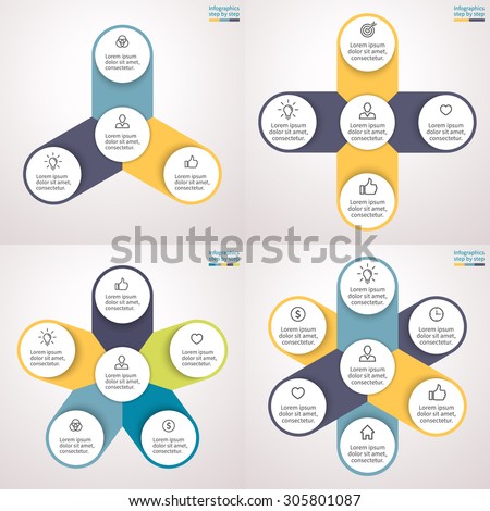 Infographics step by step with a radial structure and a central element. Charts, graphs, diagrams with 3, 4, 5, 6 options, parts, processes. Vector templates for presentation and training.