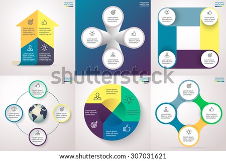 Infographics step by step in various forms. Set 2. Charts, graphs, diagrams with 4 options, parts, processes, directions. Vector template for presentation and training.