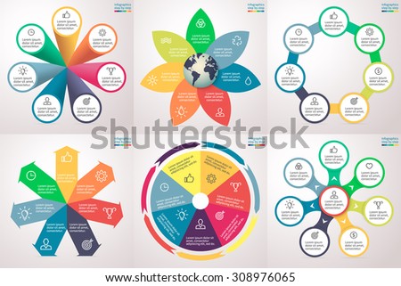 Infographics step by step in various forms. Set of charts, graphs, diagrams with 7 steps, options, parts, processes, directions. Vector template for presentation and training.