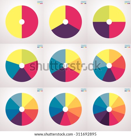 Infographic elements. Set of flat pie charts with 2, 3, 4, 5, 6, 7, 8, 9, 10 steps, options, parts, processes. Vector business templates for presentation.