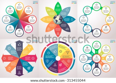 Infographics step by step in various forms. Set of charts, graphs, diagrams with 8 steps, options, parts, processes, directions. Vector template for presentation and training.