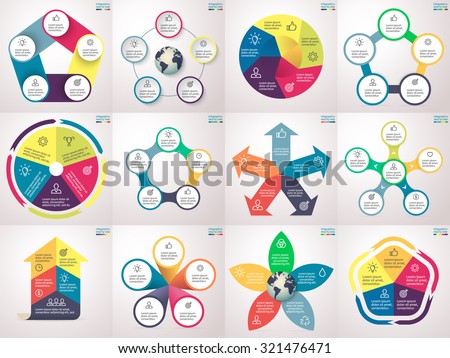 Infographics step by step. Set 3. Charts, graphs, diagrams with 5 options, parts, processes, directions. Vector business templates for presentation and training.