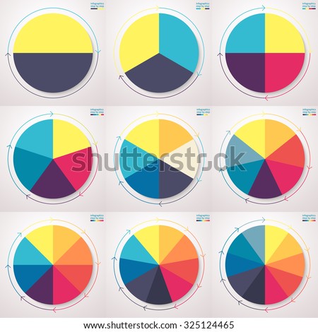Infographic elements. Pie charts with thin line arrows. Set of flat pie charts with 2, 3, 4, 5, 6, 7, 8, 9, 10 steps, options, parts, processes. Vector business templates for presentation.
