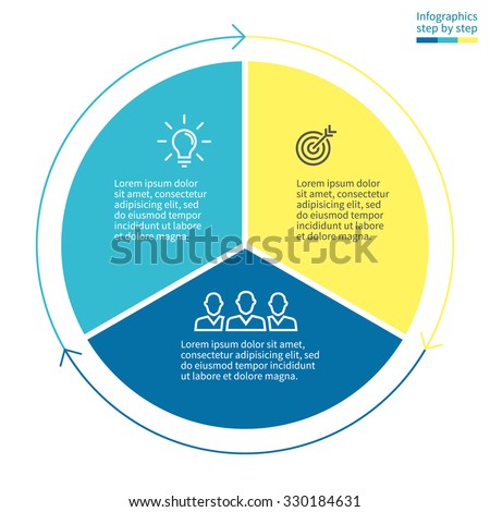 Infographics with colored sections. Flat pie chart with 3 steps, options, parts, processes with arrows. Vector business template in blue and yellow for presentation and training.
