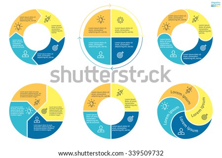 Circular infographics. Pie charts, graphs, diagrams with 4 steps, options, parts, processes. Vector business templates in blue and yellow for presentation.