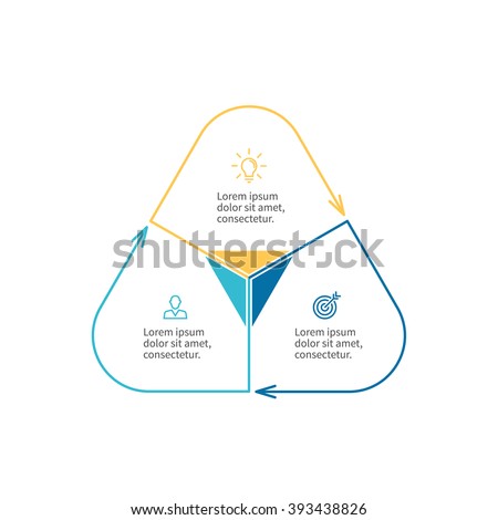 Outline circular infographic element. Linear flat chart, diagram, scheme, graph with 3 steps, options, parts, processes with arrows. Vector rounded triangle.