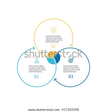 Outline circular infographic. Minimalistic diagram, chart, graph with 3 steps, options, parts, processes with arrows. Vector design element.