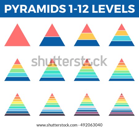 Pyramids, triangles for infographics with 1, 2, 3, 4, 5, 6, 7, 8, 9, 10, 11, 12 steps, levels. Vector design elements.