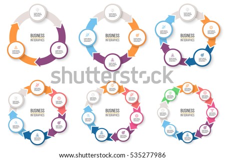 Business infographics. Infographic elements with 3, 4, 5, 6, 7, 8 steps, arrows, circles. Vector pie charts.