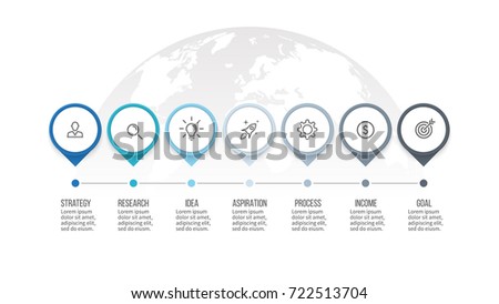 Business process. Timeline infographics with 7 steps, options, arrows. Vector template.