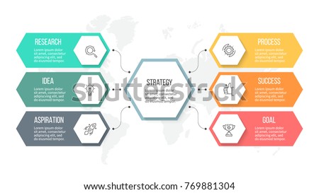 Business infographics. Organization chart with 6 options, hexagons. Vector template.