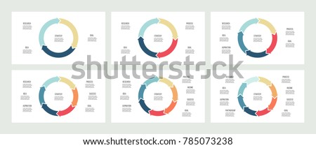 Circular diagrams. Pie charts with 3, 4, 5, 6, 7, 8 options, arrows. Vector templates for business infographics and presentations.