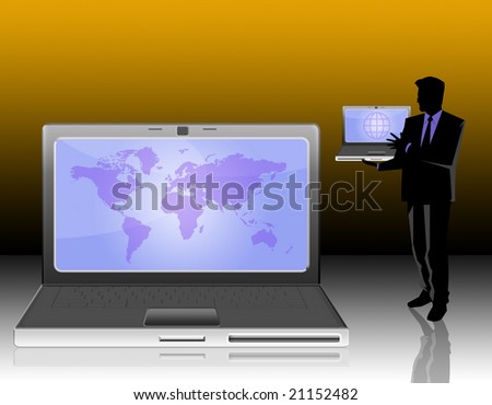 Illustration of business man and notebooks with world map