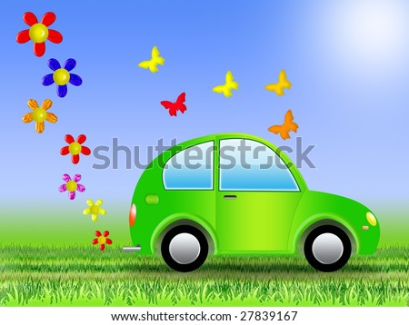 Non-Polluting Car On The Lawn With Butterflies. The Exhaust Leaving ...