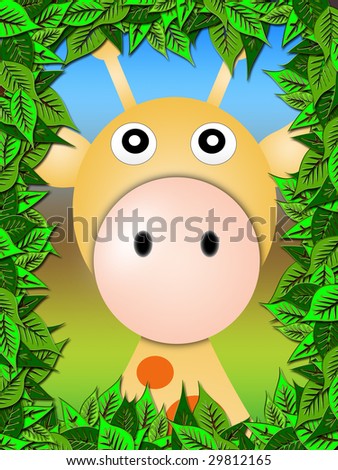 giraffe framed portrait of the leaves. cartoon style illustration