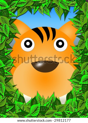 tiger framed portrait of the leaves. cartoon style illustration