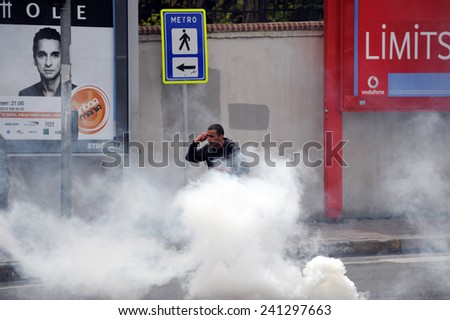 ISTANBUL, TURKEY-MAY 1: Turkish police fired water cannon and tear gas to prevent protesters from defying a ban on May Day rallies and reaching Taksim Square on May 1, 2009 in Istanbul, Turkey.