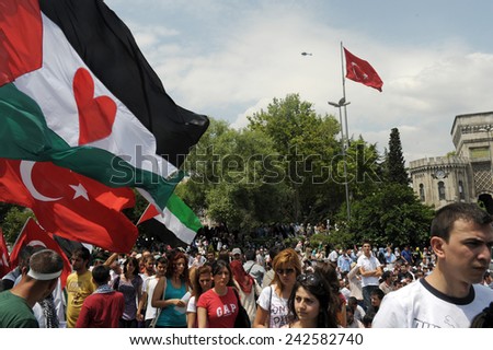 ISTANBUL, TURKEY -JUNE  06: Unidentified activists participate in a protest  organized by Humanitarian Relief Foundation to commemorate Mavi Marmara raid on  June  06,2010 in Istanbul,Turkey.