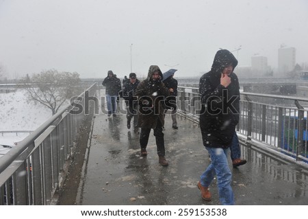 ISTANBUL, TURKEY - FEBRUARY 19: Snowy and hard day in Istanbul on February 19, 2012 in Istanbul, Turkey.