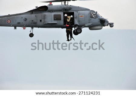 IZMIT, TURKEY - May 24, 2014 - Military exercises Turkish Navy, the Marmara Sea on May 24  2014 in Izmit, Turkey.  Rescue helicopter