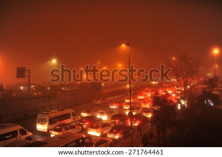 ISTANBUL, TURKEY - FEB  02 :  Heavy fog caused traffic congestion late on the day  on February  02, 2014 in Istanbul, Turkey