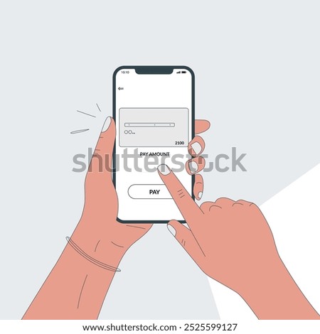 Minimalist Digital Payment: Smartphone, Hand, Payment App, 'Pay Amount' Button, Transaction Amount, Confirmation, Ready to Tap, Clean Lines, Modern