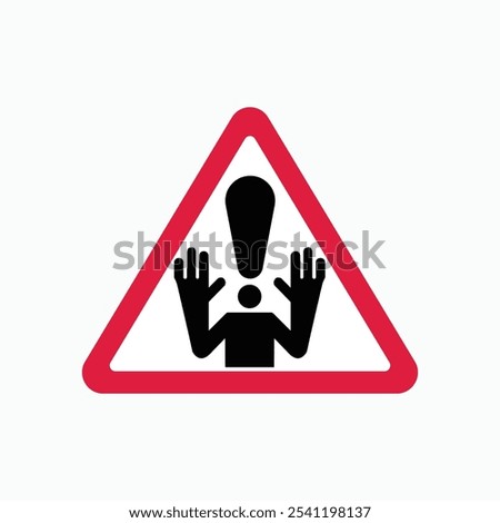 Warning symbol featuring a triangle with an exclamation point, filled with an image of a person with raised hands on a white background.