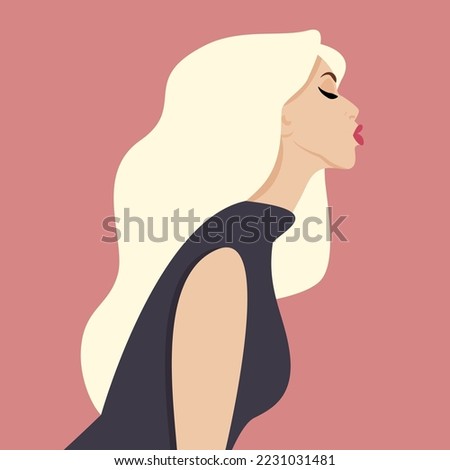 Beautiful blonde haired woman sending an air kiss, profile view for portrait and avatar, vector illustration, flat design