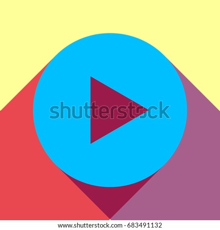 Play icon. Vector. Deep sky blue icon with two flat violet and raspberry semitransparent shadows on canary background.