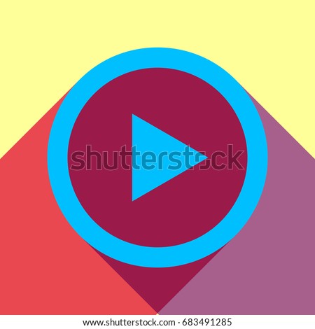 Play icon inversed. Vector. Deep sky blue icon with two flat violet and raspberry semitransparent shadows on canary background.