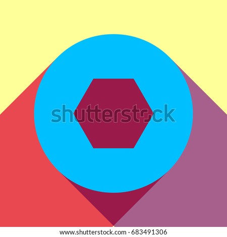 Bolts, screws with hexagonal head icon. Vector. Deep sky blue icon with two flat violet and raspberry semitransparent shadows on canary background.