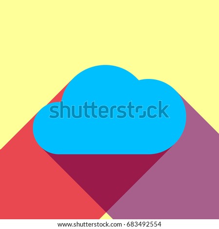 Cloud icon. Vector. Deep sky blue icon with two flat violet and raspberry semitransparent shadows on canary background.