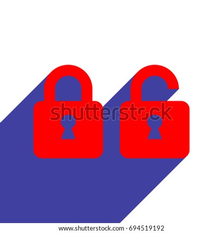 Locked und unlocked icon,. Vector. Red flat style icon with dark blue long shadow on white background.