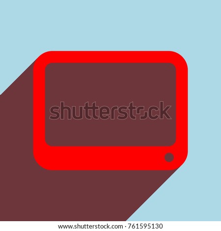 Tablet or phone icon. Vector. Red flat icon with infinte wine shadow to left down corner at sky background.