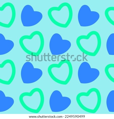 Pattern with empty and filled hearts in blue and mint colors on a light blue backgroun. Seamless background for the design of romantic cards, covers, wallpapers, posters, flyers, gift wrapping, etc. 